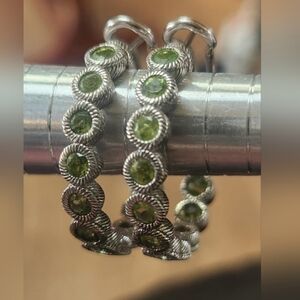 Judith Ripka Silver Earrings with Green Stone Hoops